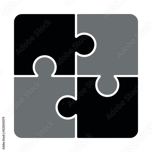 Four Piece Jigsaw Puzzle with Black and Gray Colors Representing Teamwork Strategy Solutions and Problem Solving in Business and Life