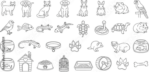 Pets line icon set. Vector pictograms of cat, dog, rabbit, fish, bird, lizard, domestic animals
