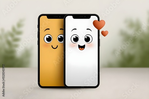 A charming illustration of two smartphones featuring cute, smiling faces, surrounded by floating hearts. The warm and friendly design symbolizes digital communication and love.