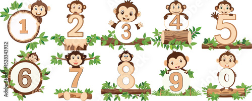 Cute monkeys with numbers and leaves in a playful design  