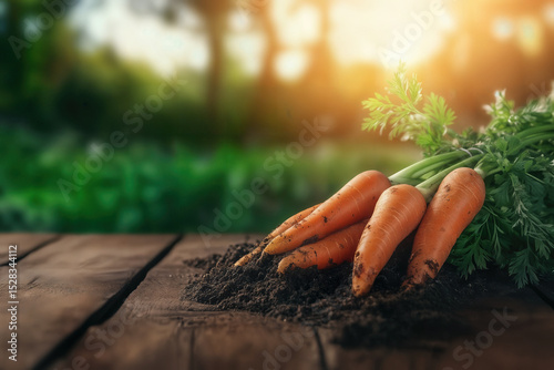 Freshly harvested organic carrots, still coated in soil, resting on a rustic wooden table with a blurred natural background, basking in warm sunlight