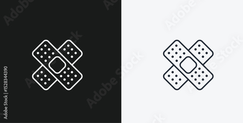 Crossed Medical Plasters or Band-Aids on Black and White Backgrounds, Representing First Aid or Healing, White Outline Icon