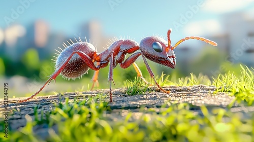 A highly detailed realistic illustration of a red ant showcasing intricate anatomical features against a blurred city backdrop representing advanced science and technology