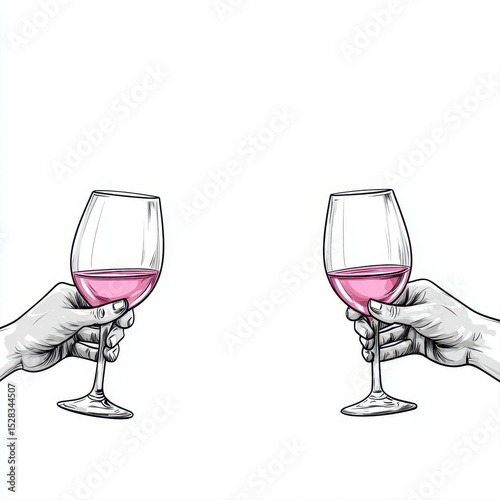 A minimalist illustration showcases two hands elegantly holding glasses of rose wine in a simple linear style, perfect for invitations or celebratory designs.