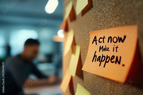 Sticky notes on a cork board highlighting reminders to act now and achieve goals, with a blurred figure working diligently in the background of a workspace