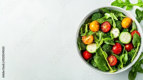 A vibrant and healthy vegetarian salad featu fresh broccoli, cherry tomatoes, cucumbers, and arugula in a white bowl is a perfect cooking intro title image.