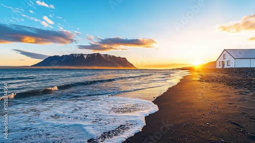 A breathtaking sunset illuminates Vestrahorn mountain and Stokksnes cape in Iceland, casting a golden glow on the black sand beach and a charming white farmhouse near the ocean