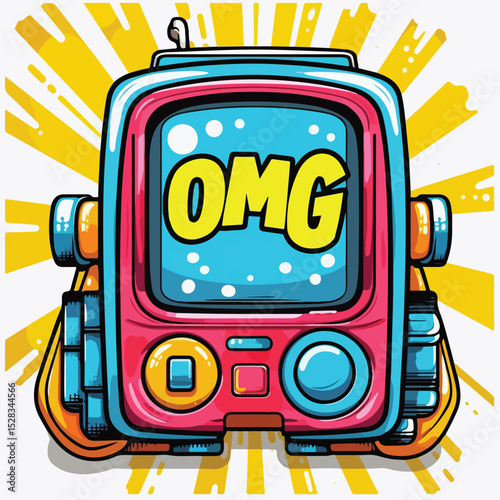 Vintage Portable Video Game Console with OMG Word in Pop Art Style for Entertainment Enthusiasts