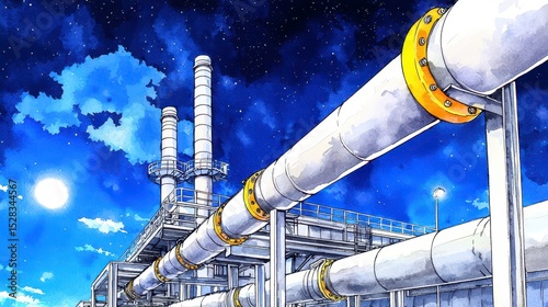 A nocturnal view of a large industrial plant showcasing intricate metal pipes and towe structures under a vibrant night sky with a bright moon and stars.
