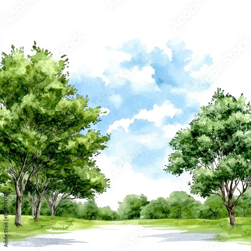 A high-quality watercolor painting depicts a serene landscape featu lush green trees under a bright blue sky with fluffy white clouds providing ample copy space.