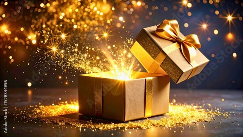 Open gift box revealing glowing magical light inside, surrounded by sparkles and festive decorations on a dark background.