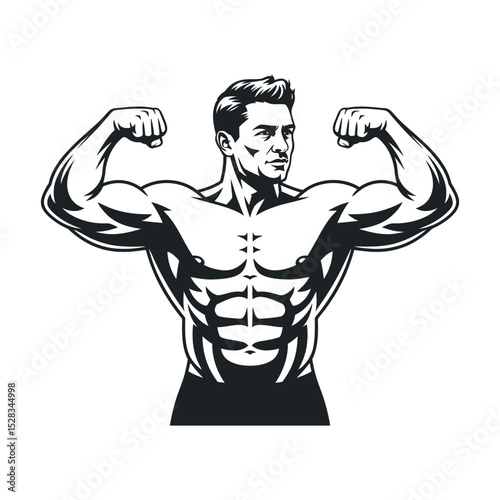 Vector illustration of a muscular man flexing his biceps showcasing strength fitness and bodybuilding in a bold black and white design