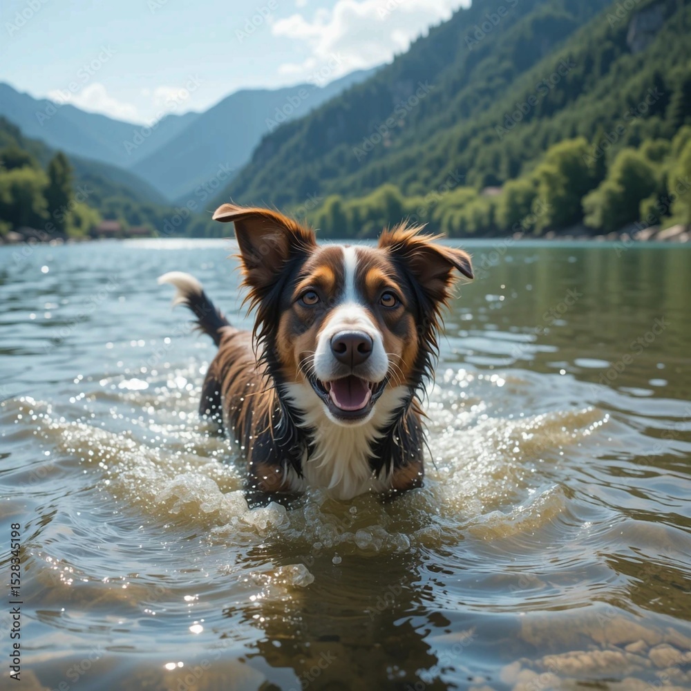 Dog frolicking in a clear lake on a hot summer day. Close-up. In the background are mountains covered with greenery, stock photo Dog frolicking in a clear lake on a hot summer day. Close-up. In the background are mountains covered with greenery, stock photo