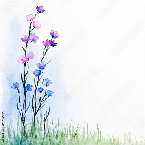 A delicate watercolor painting showcases vibrant pink and blue wildflowers gracefully arranged against a soft white background leaving ample copy space ideal for elegant designs