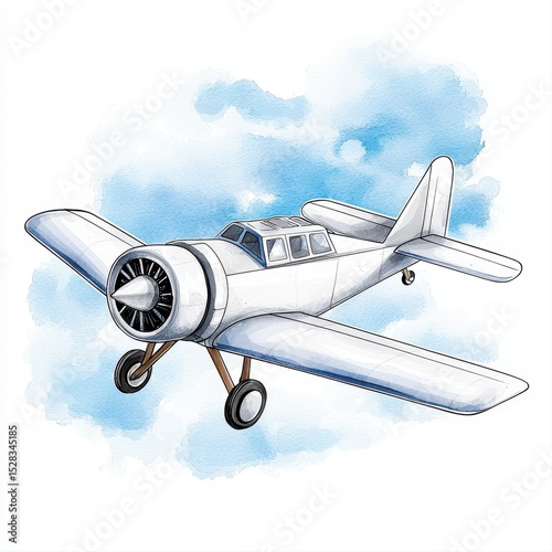 A charming watercolor illustration depicts a vintage white airplane soa through a light blue sky, showcasing delicate cloud details and a nostaic design aesthetic perfect for