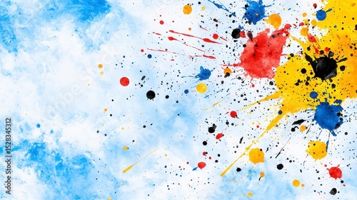 High-quality watercolor background featu vibrant blue, red, yellow, and black paint splatters with ample copy space ideal for design projects and artistic creations.