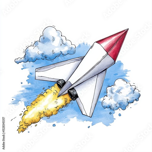 A whical watercolor illustration depicts a paper airplane rocket soa through a fluffy blue sky leaving a vibrant yellow trail of exhaust.