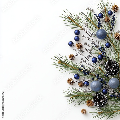 A festive Christmas arrangement features blue and silver ornaments led amongst pine branches and pinecones on a pristine white background creating a sophisticated holiday