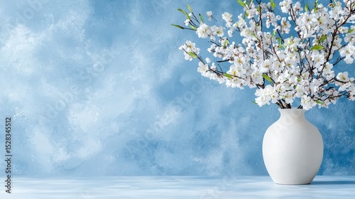 A high-quality photo of a realistic wedding mood board featu a pristine white vase filled with delicate blossoming branches against a textured blue backdrop perfect for wedding