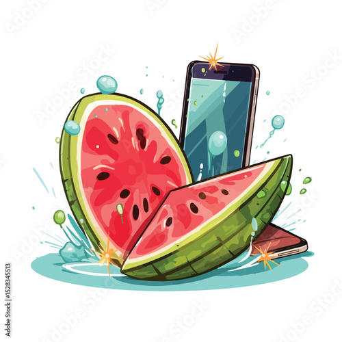Refreshing Summer Juice and Watermelon with Smartphone Cartoon Vector Illustration for Marketing Campaigns