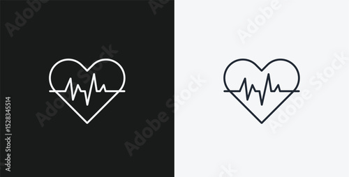 Heart with Heartbeat Line on Black and White Backgrounds, Representing Cardiology, Health, or Love, White Outline Icon