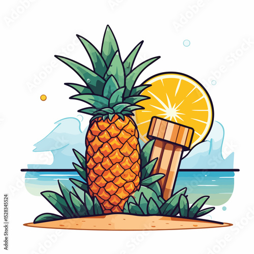 Tropical Summer Beach Scene with Pineapple Ice Lolly - Vector Illustration
