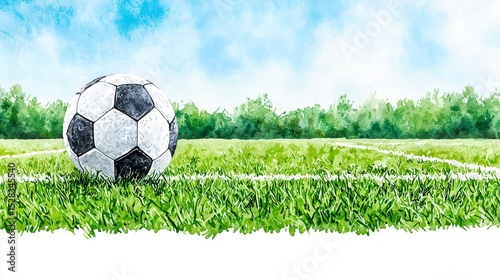 A watercolor painting depicts a classic black and white soccer ball resting on a vibrant green field with crisp white lines marking the playing area under a bright summer sky.