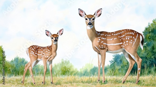 A graceful white-tailed deer doe and her spotted fawn stand attentively in a Wisconsin city park's verdant meadow, showcasing their delicate features against a softly painted