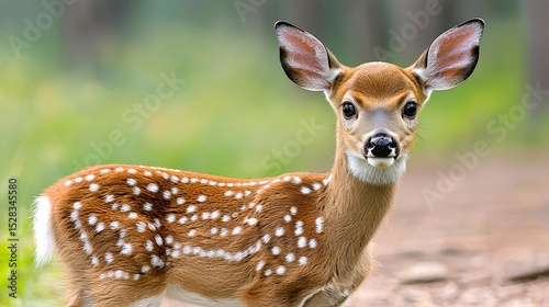 An adorable white-tailed deer fawn with distinctive spots stands alertly on a forest trail, its large ears perked up and gazing directly at the camera in a captivating wildlife