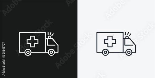 Ambulance with Medical Cross and Siren on Black and White Backgrounds, Representing Emergency Services or Healthcare, White Outline Icon