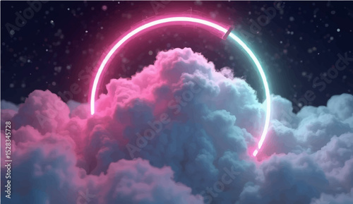 3d render, abstract cloud illuminated with neon light ring on dark night sky. Glowing geometric shape, round frame pink and light green.