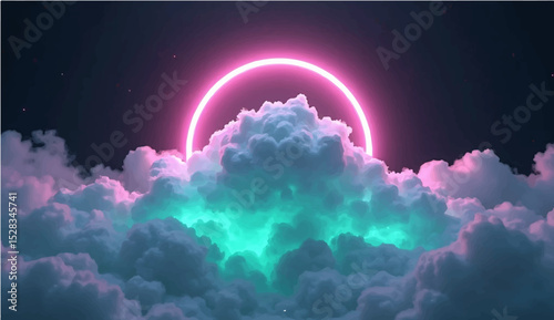 3d render, abstract cloud illuminated with neon light ring on dark night sky. Glowing geometric shape, round frame pink and green 3