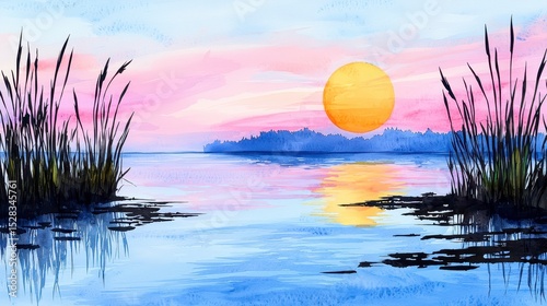 A breathtaking watercolor painting depicts a serene sunset scene over calm water reflecting the large yellow sun amidst tall grasses near the tranquil seashore.