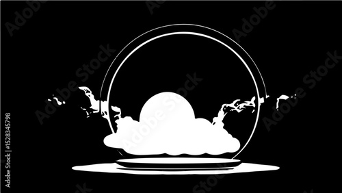 3d render, abstract cloud illuminated with neon light ring on dark night sky. Glowing geometric shape, round frame black and white.