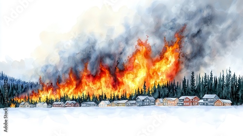A watercolor painting depicts a raging wildfire consuming a snow-covered forest and threatening nearby houses, illustrating the destructive power of nature's fury and the imminent