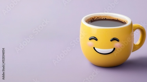 A cheerful yellow coffee mug with a smiling emoticon face sits on a lavender purple background perfect for social media posts blogs and websites promoting positive vibes and happy