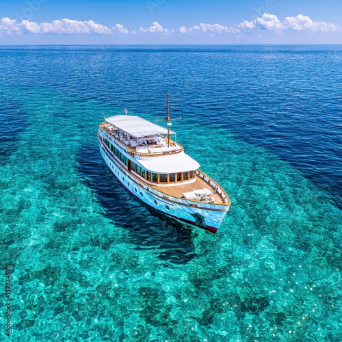 An elegant classic yacht floats serenely on a vibrant turquoise sea viewed from an aerial perspective showcasing its luxurious design and the crystal-clear shallow waters below on