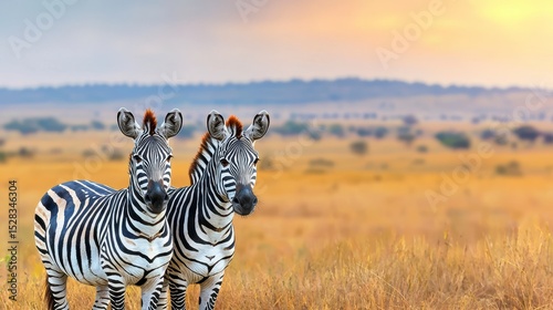 Two majestic zebras stand together in the golden African savanna at sunset, showcasing the beauty of the Serengeti National Park's wildlife du a breathtaking golden hour.