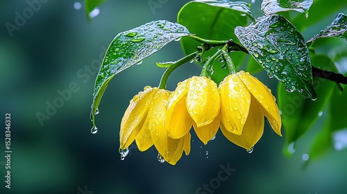 Vibrant yellow Ylang-Ylang flowers, Cananga odorata Lamk, glistening with raindrops on a lush green branch, showcasing their delicate petals and exquisite fragrance in a close-up