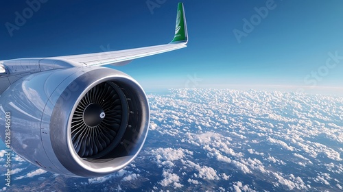 Close-up view of a powerful airplane turbine engine in mid-flight, soa above a breathtaking expanse of fluffy white clouds and blue sky, showcasing intricate enginee