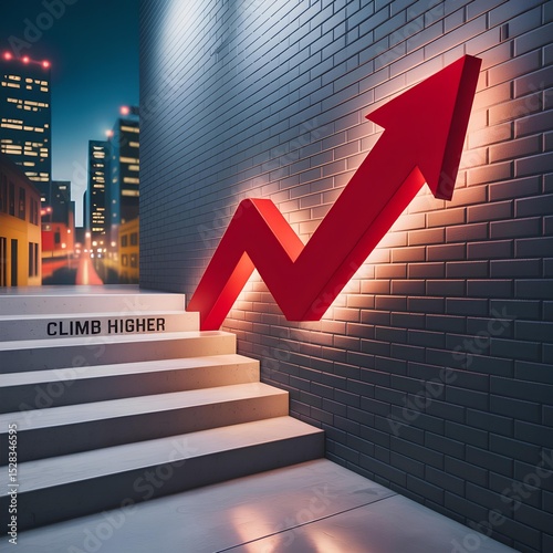 Urban Stairway to Success: Red Growth Arrow Signifies Climbing Higher