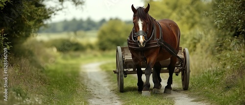 countryside Breton horse pulling wooden cart in European