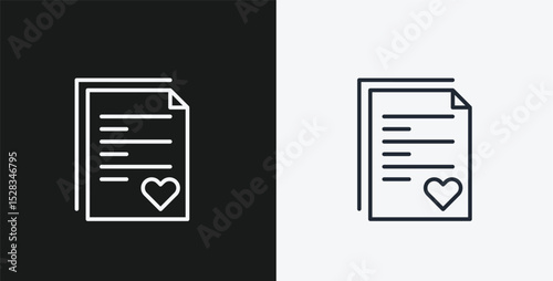 Wedding Certificate or Document with Heart and Text on Black and White Backgrounds, Representing Marriage or Love, White Outline Icon