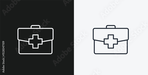 First Aid Kit with Medical Cross on Black and White Backgrounds, Representing Emergency, Health, or Safety, White Outline Icon