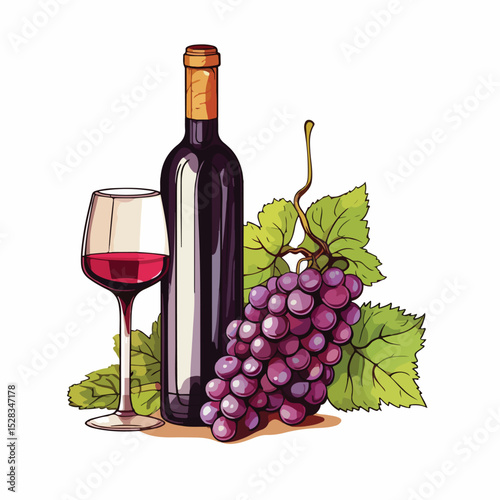 Elegant Composition of Bunch of Grapes, Wine Bottle, and Glass on White Background