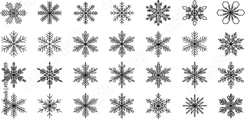  Snowflake line icon set. Vector pictograms of minimalist, abstract snow flake designs, twig-like, diamond-shaped, spiky thin linear illustration for Christmas and New Year.