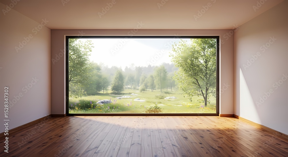 Fototapeta premium Serene Interior: Window to Nature, Minimalist Design, Peaceful Living