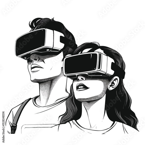 Professional couple using virtual reality headset in shopping cart with avatar technology for immersive experience