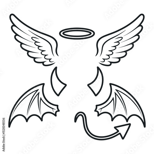 Angel and Devil Elements Outlined in Black and White with Wings Halo Horns and Tail for Design