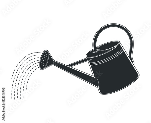 Watering Can Silhouette with Water Stream for Gardening and Plant Care Illustrations and Designs on White Background